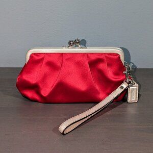 Coach Wristlet Clutch, Magenta Pink, Metallic Silver Frame, Satin, Kiss Lock
